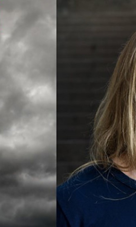 Två bilder hopsatta. Till vänster en bild på mörka moln. Till höger en bild på Herman Geijer som har långt blont hår och en blå tröja.